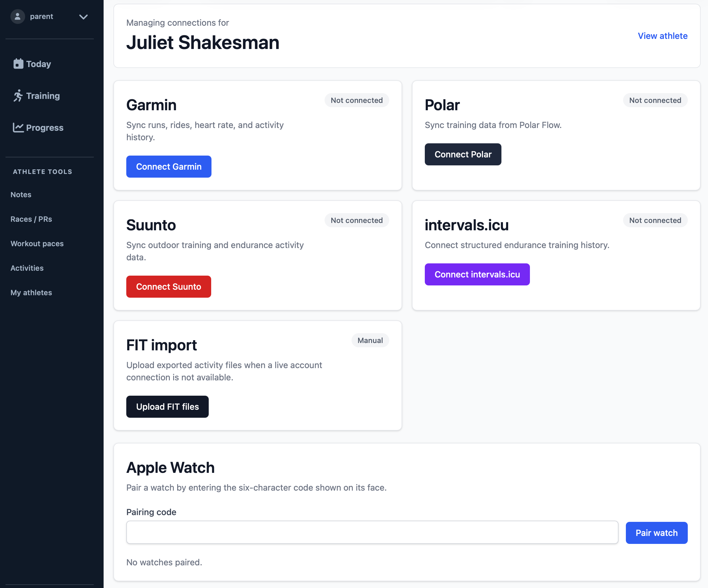 The Connected platforms page on rslts.run with an Apple Watch panel containing a pairing code field and a Pair watch button