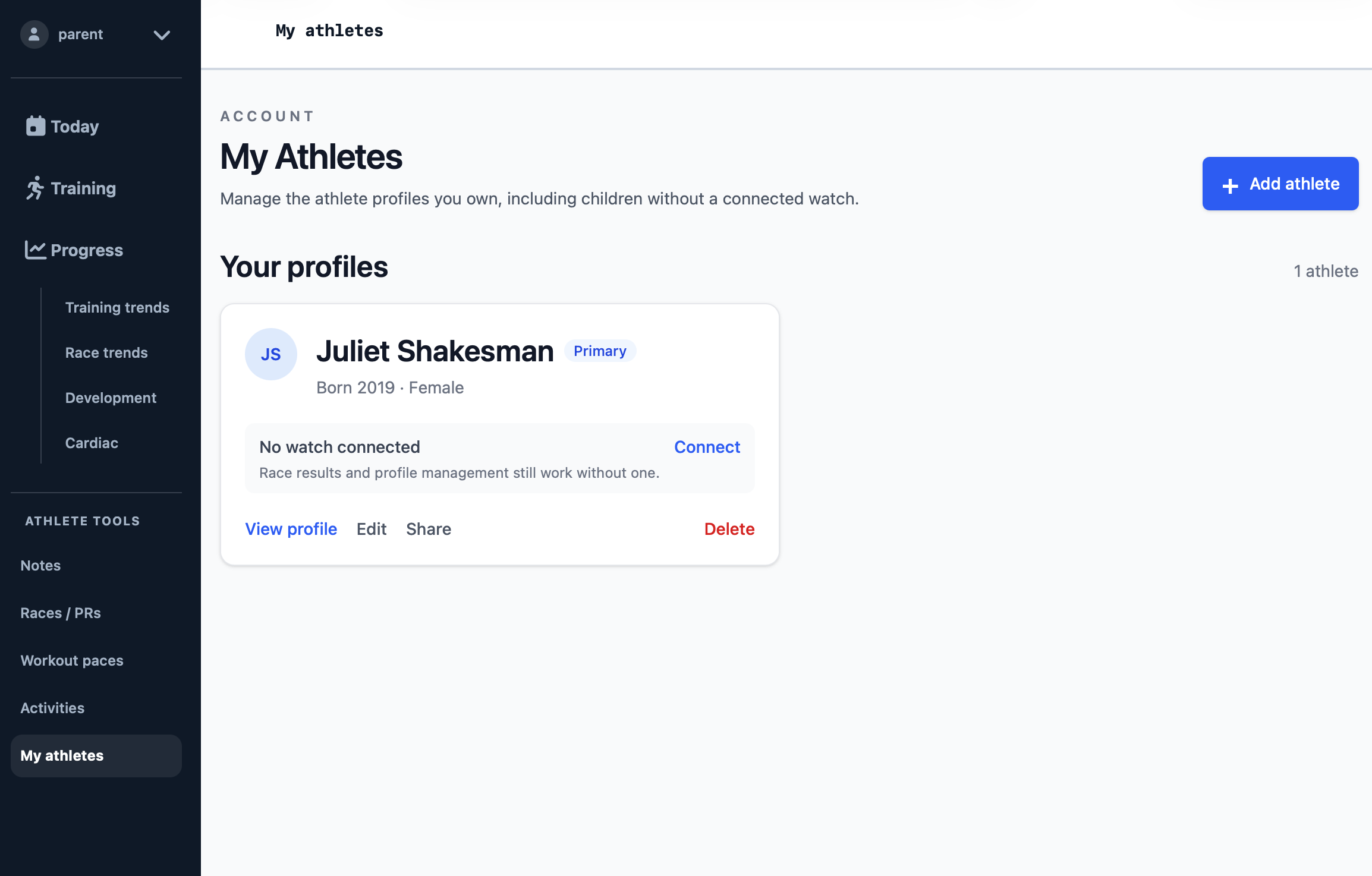 The My Athletes page on rslts.run showing one owned athlete and an Add athlete button