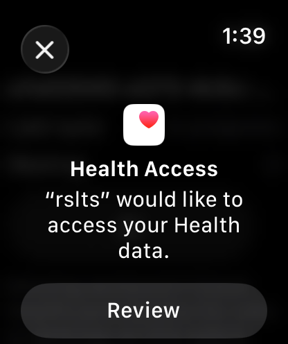 Apple Watch showing the rslts Health Access prompt with a Review button