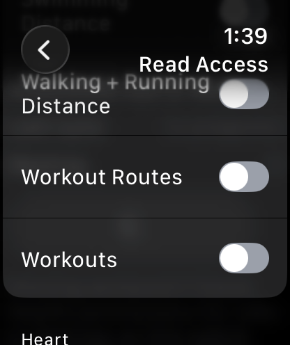 Individual Health categories including Walking + Running Distance, Workout Routes and Workouts, all switched off