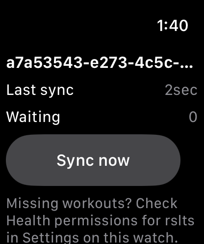 rslts on Apple Watch showing last sync time, a waiting count, and a Sync now button