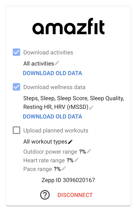 Amazfit connection settings showing Download activities and Download wellness data checked