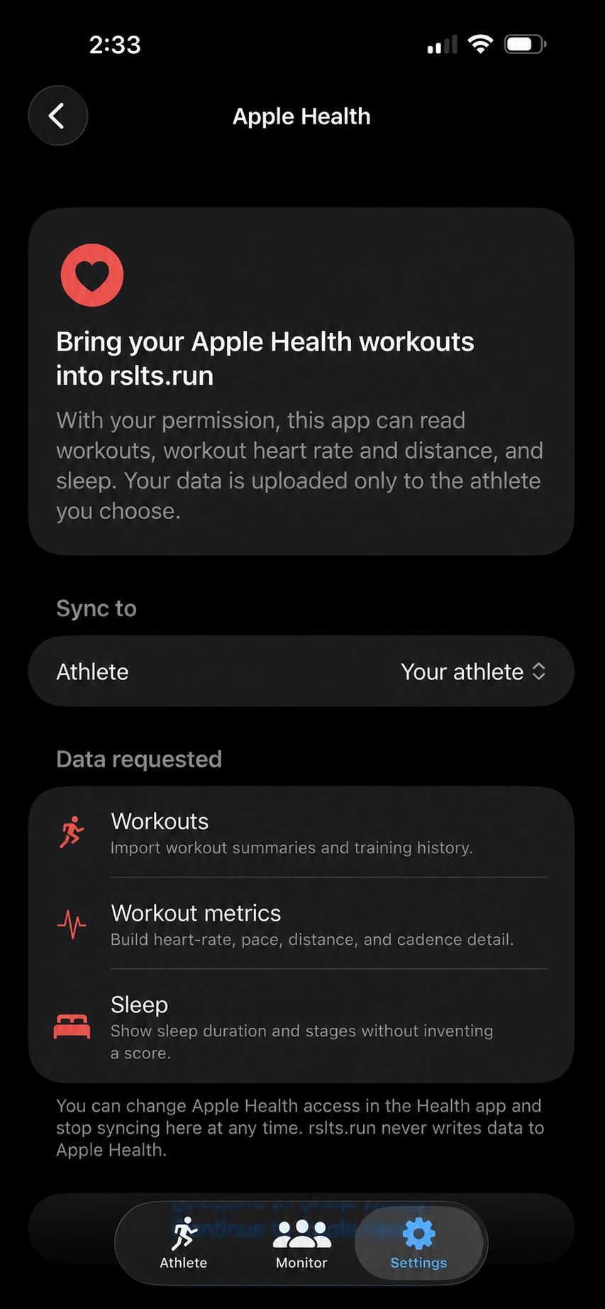 rslts Apple Health setup screen with an athlete selected and workouts, workout metrics, and sleep listed