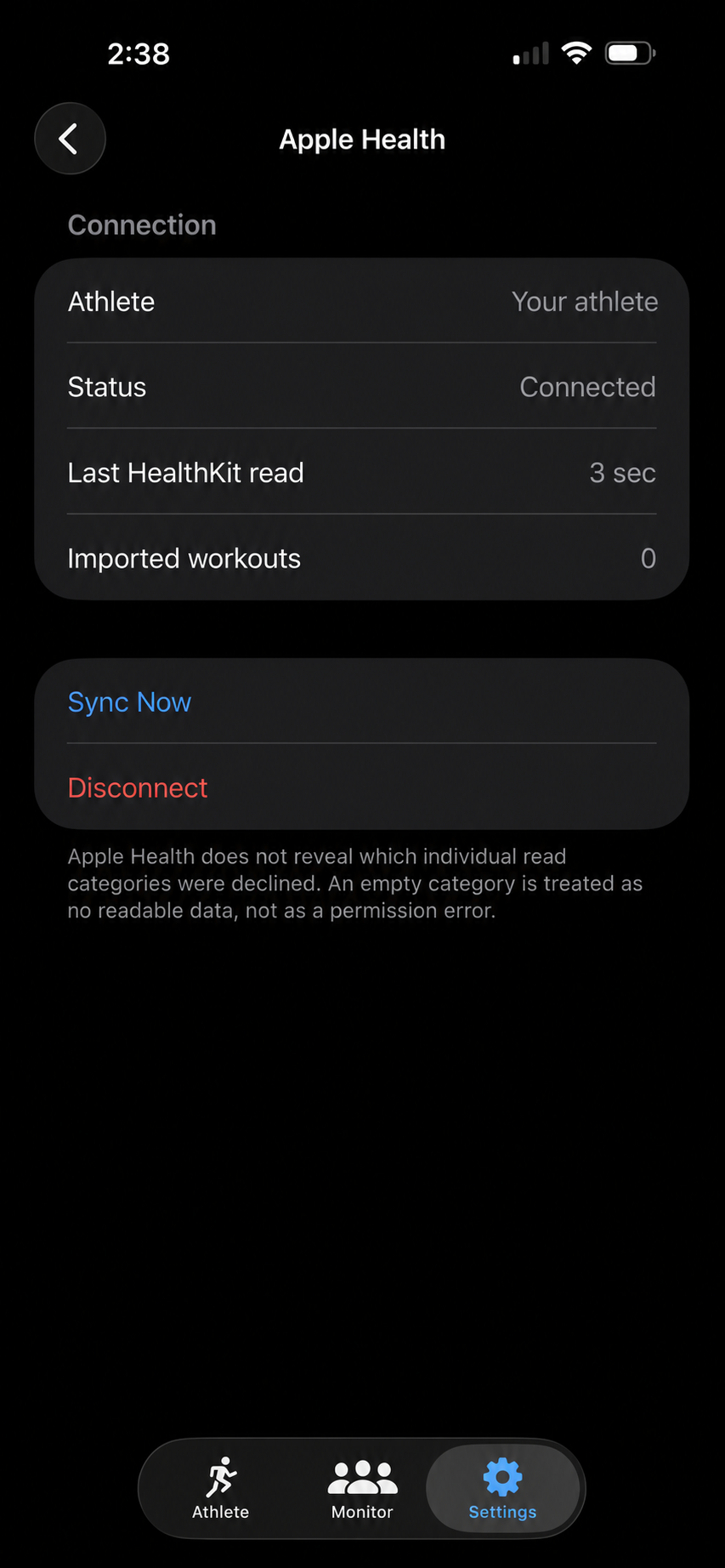 rslts Apple Health screen showing a connected status, last HealthKit read, Sync Now, and Disconnect