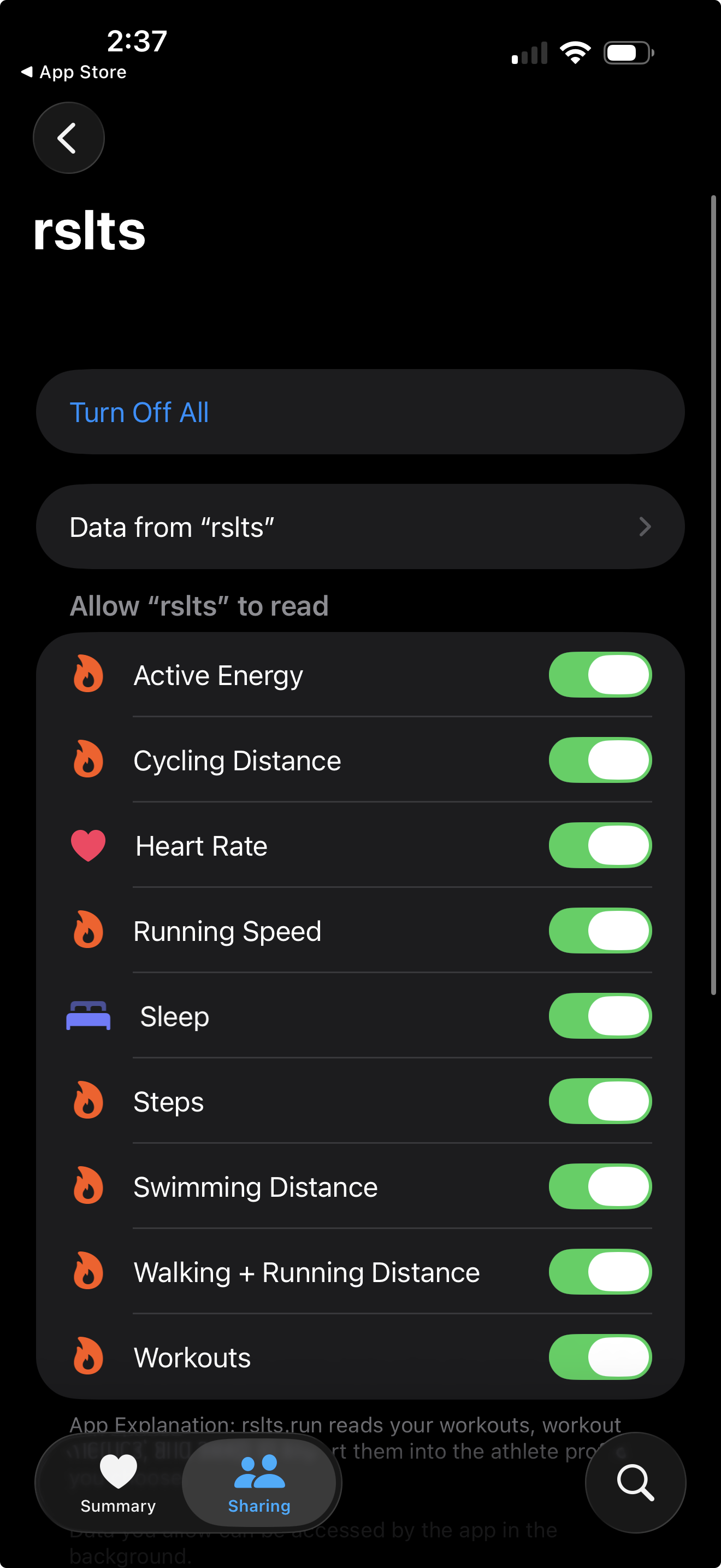 Apple Health permissions for rslts with all nine supported read categories enabled