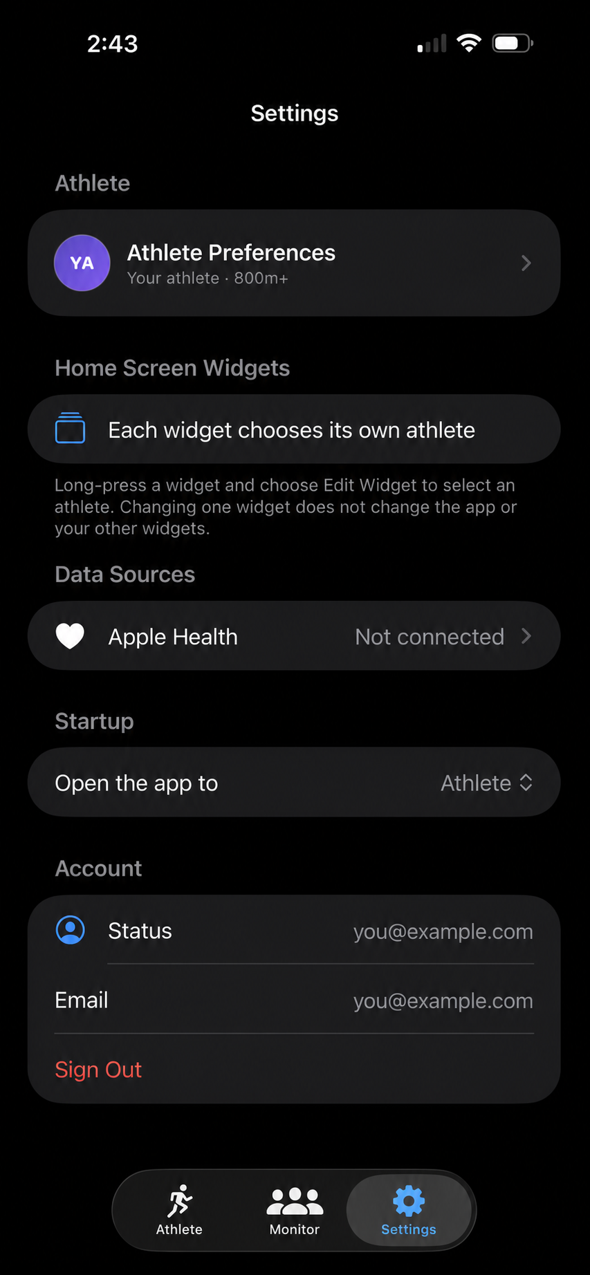 rslts Settings screen with Apple Health shown as not connected under Data Sources