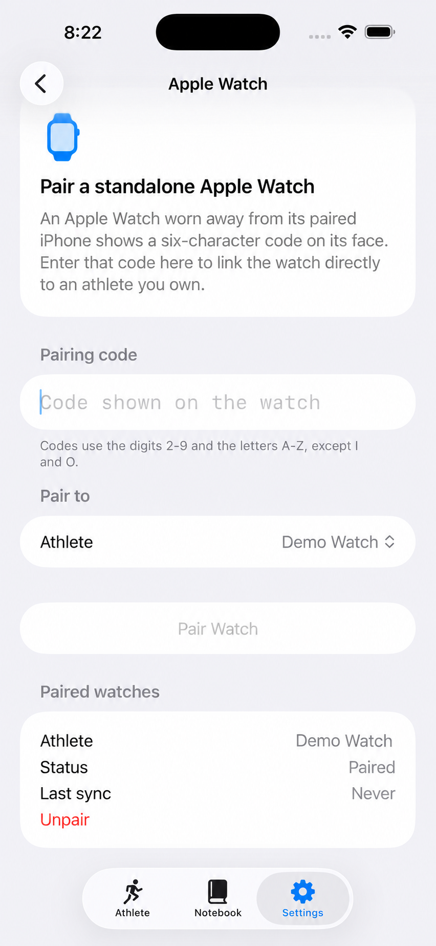 rslts Apple Watch screen showing a paired watch and Unpair button