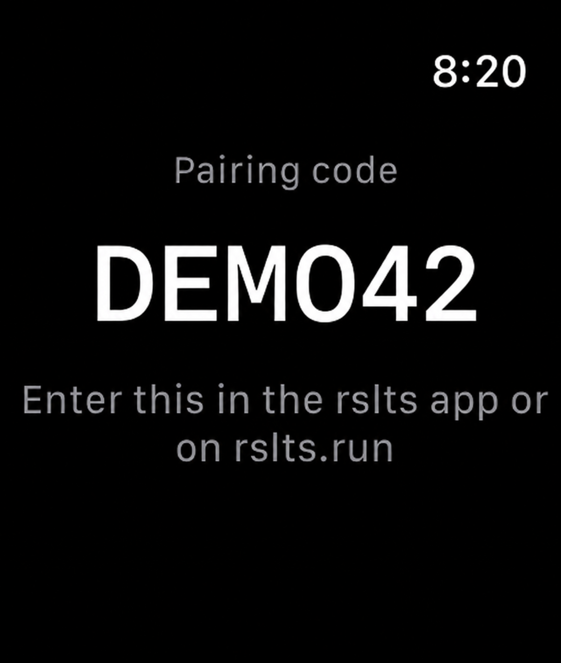 Apple Watch showing a six-character rslts pairing code