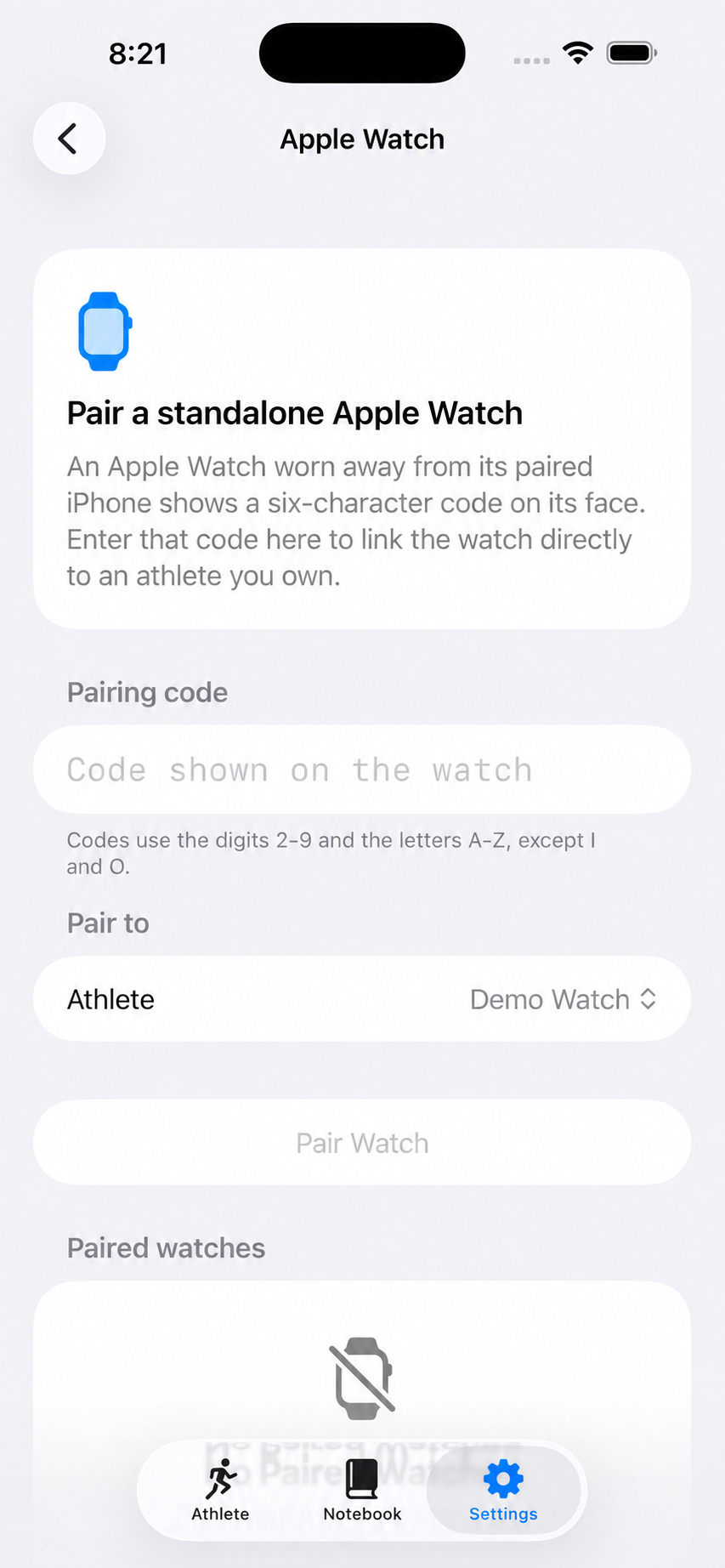 rslts Apple Watch pairing form with pairing code and athlete picker
