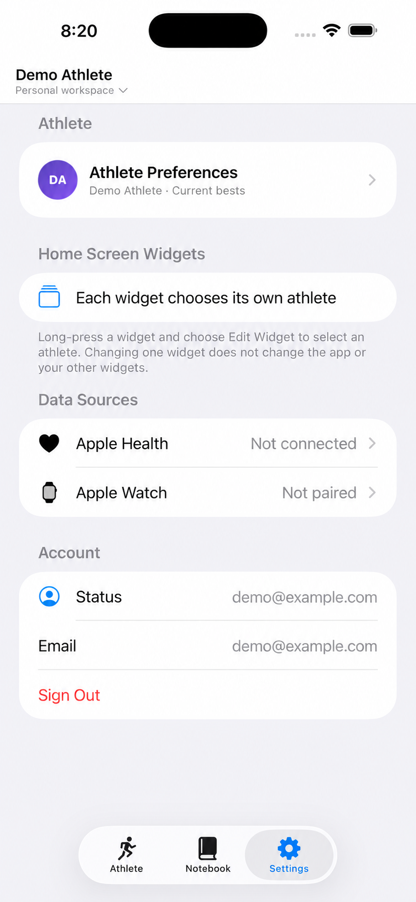 rslts iPhone Settings screen with Apple Watch under Data Sources