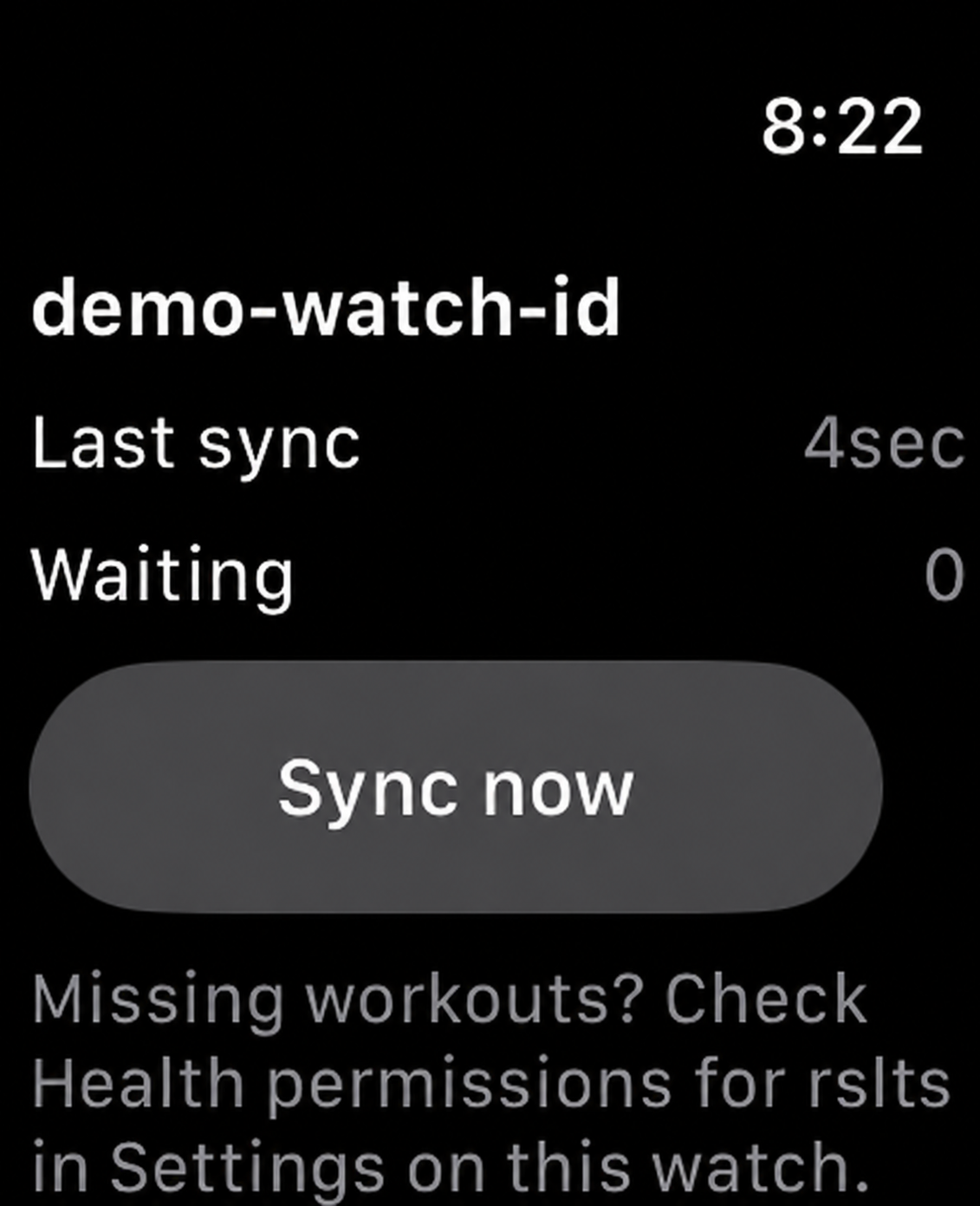 Apple Watch rslts sync status showing last sync and Sync now button