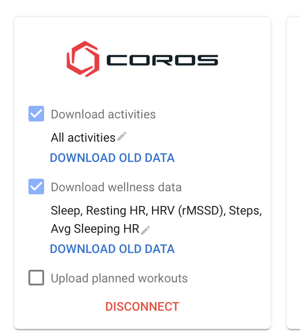 Coros connection settings showing Download activities and Download wellness data checked