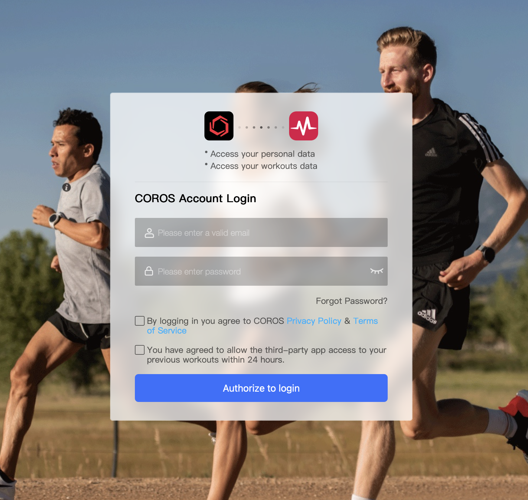 Coros Account Login screen with email and password fields