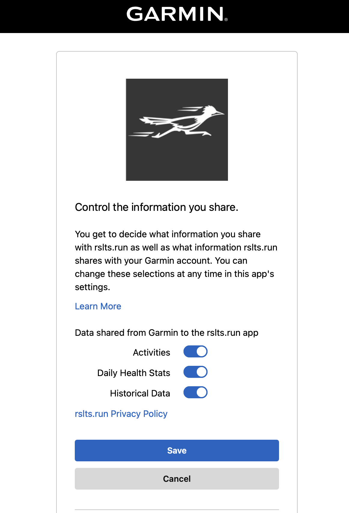 Garmin data sharing screen with Activities, Daily Health Stats, and Historical Data toggles all enabled