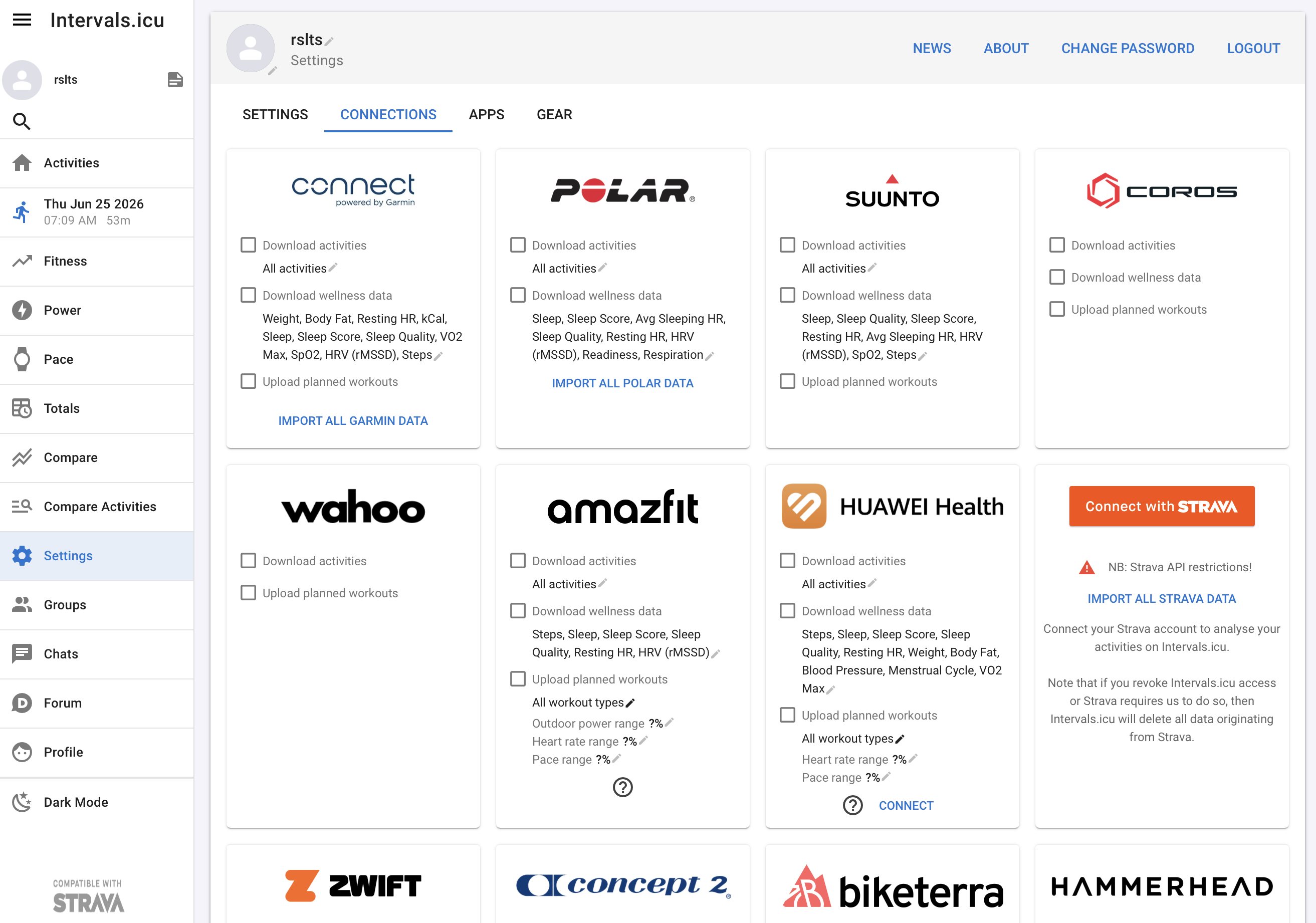 intervals.icu Connections Apps page showing Coros, Amazfit, and other platforms