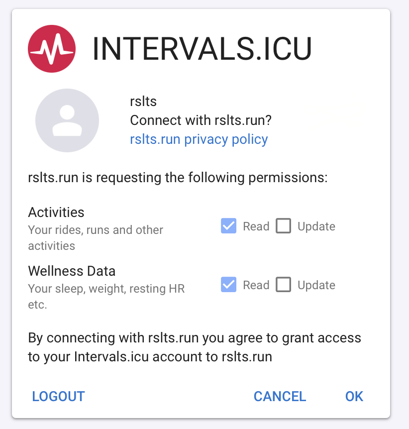 intervals.icu OAuth screen showing Activities and Wellness Data read permissions for rslts.run