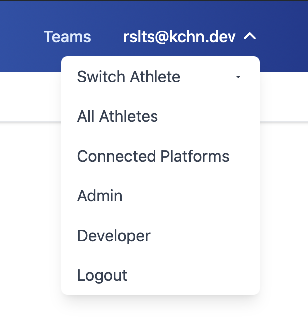 rslts.run account menu showing Connected Platforms option