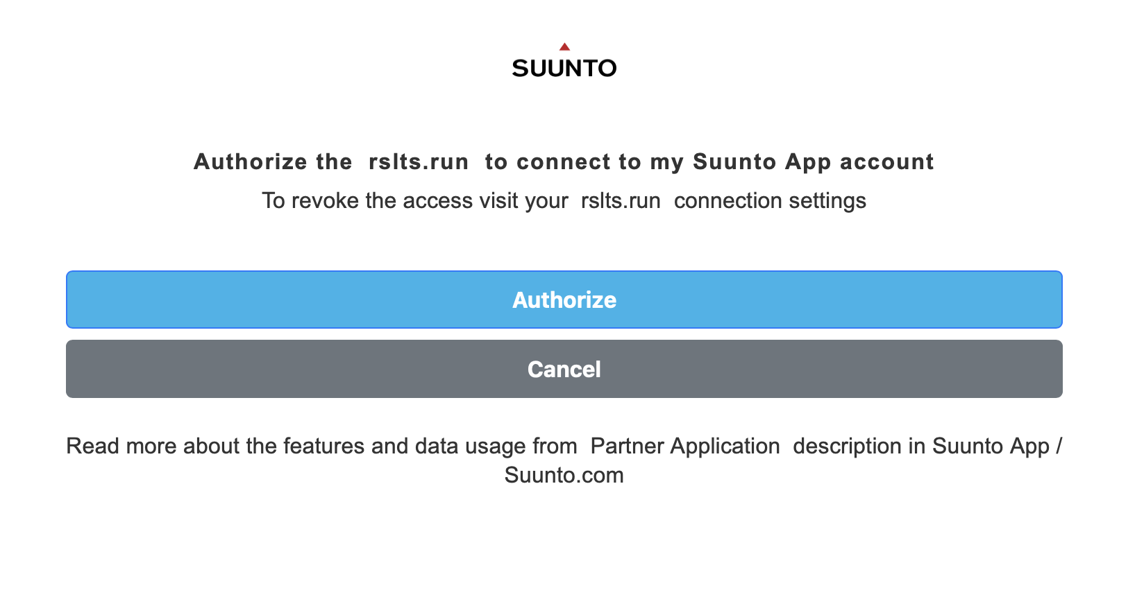 Suunto authorization screen asking to authorize rslts.run to connect to Suunto App account