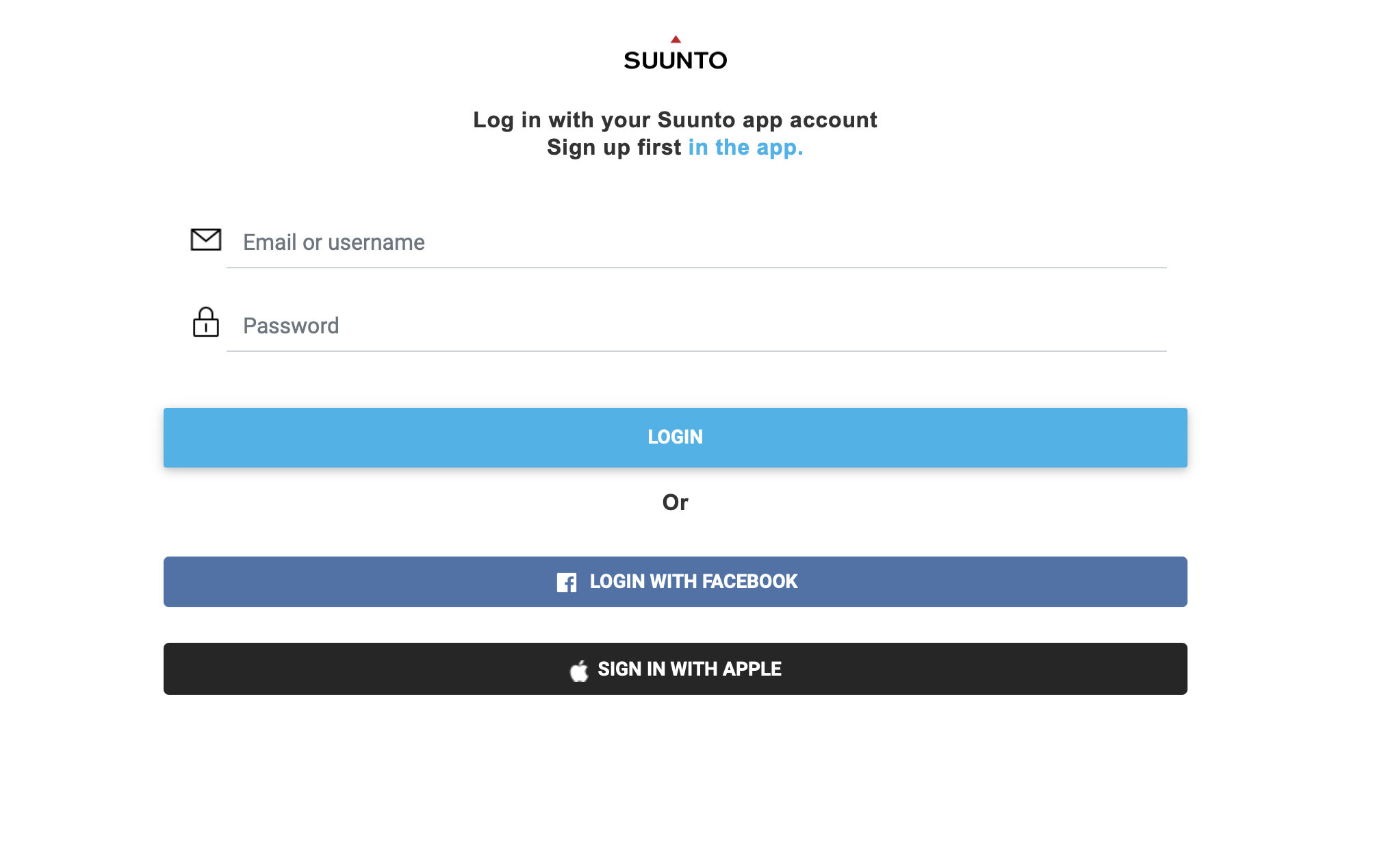 Suunto login screen with email/username and password fields and Login button